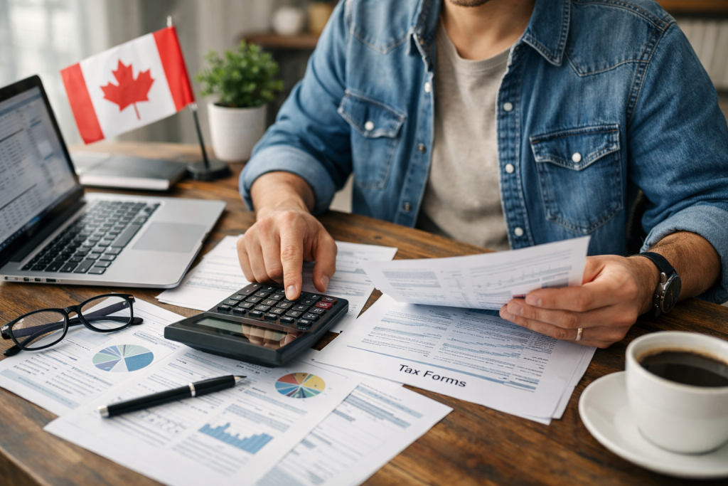 Canadian small business owner reviewing tax and payroll documents with a laptop and calculator on a desk