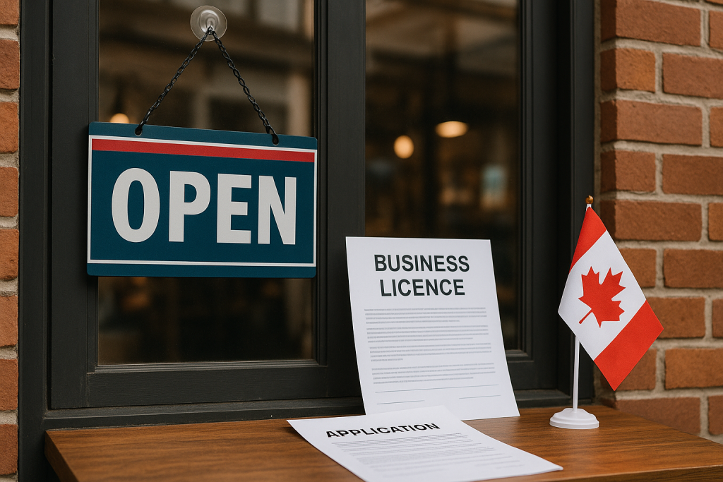 Canadian small business storefront with open sign and licence documents.