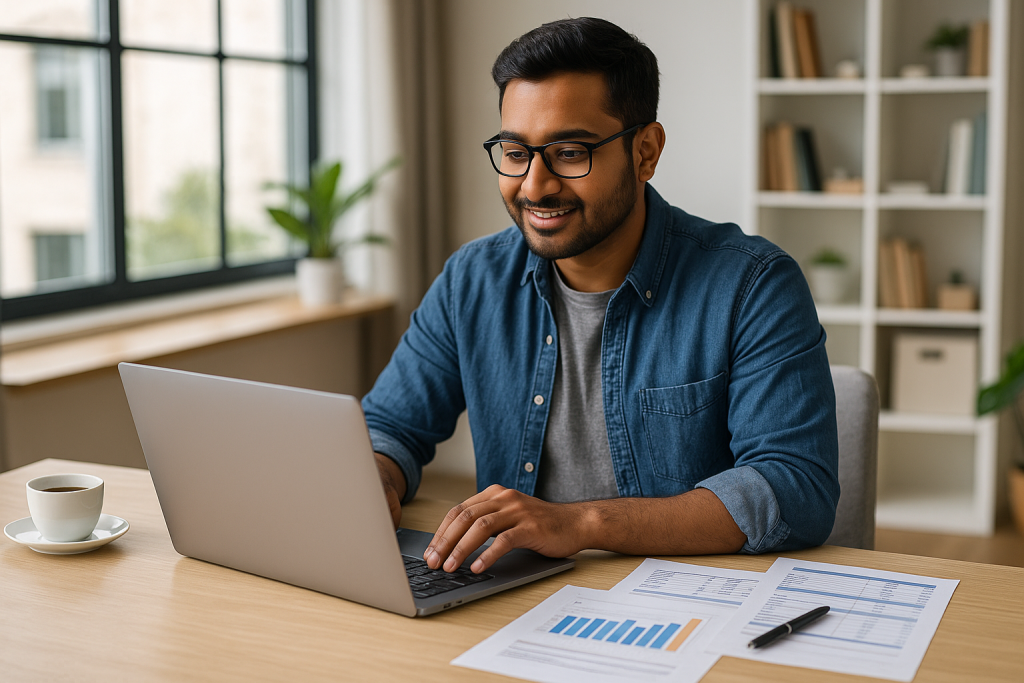 A Canadian entrepreneur working on a laptop at a bright modern workspace, with financial documents and coffee on the desk