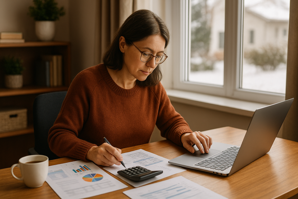 Canadian small business owner planning a 2026 budget at home, using a laptop and calculator with papers and coffee cup by a window showing winter scenery.