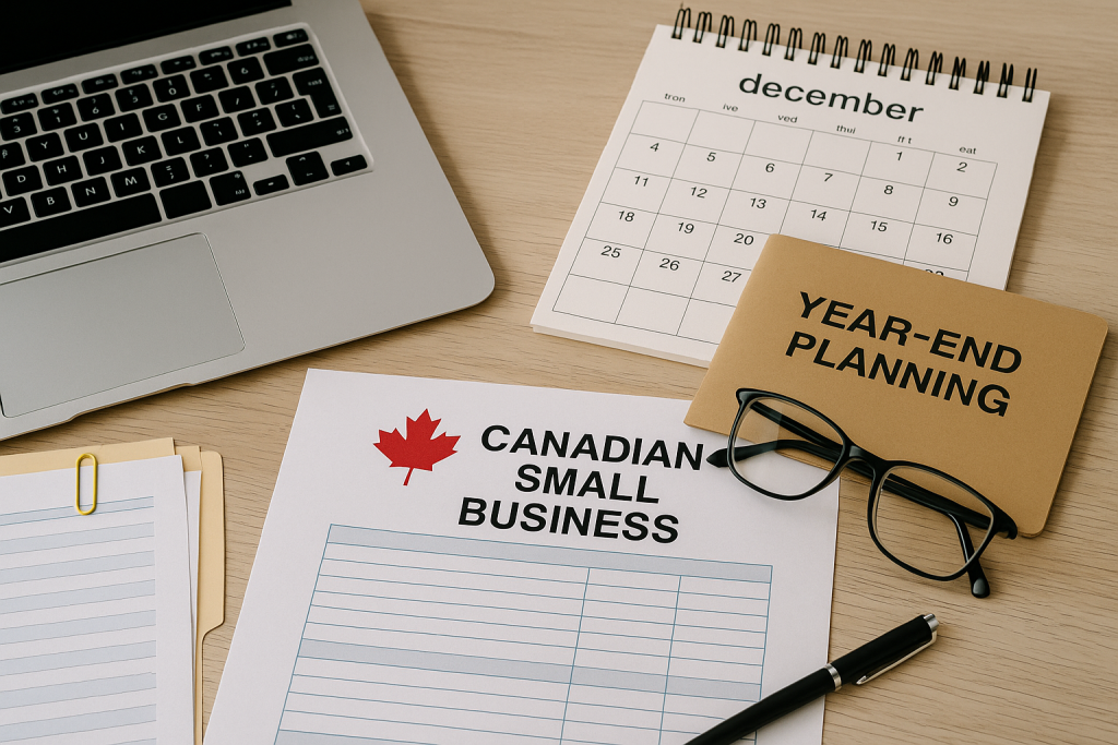 “Organised desk with Canadian small business paperwork, laptop, and calendar for year-end planning