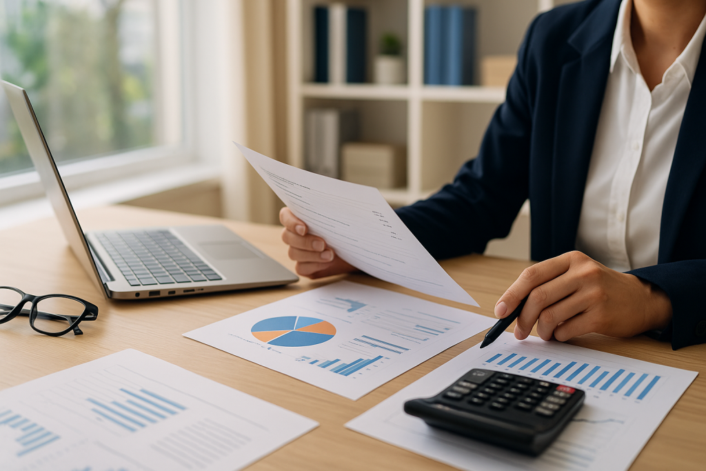 Canadian small business owner reviewing year-end financial documents at a home office desk with charts, calculator, and laptop by a window in winter light.