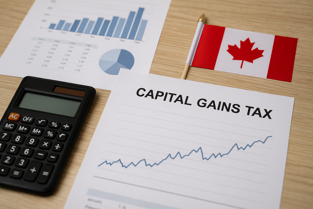 Calculator and investment charts on desk with small Canadian flag.