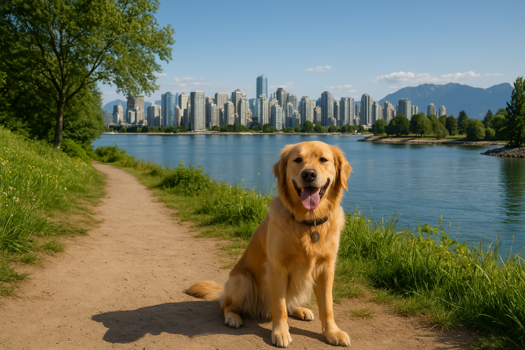 A golden retriever sits on a trail overlooking Vancouver’s skyline, surrounded by water, wildflowers, and forested mountains on a sunny day.