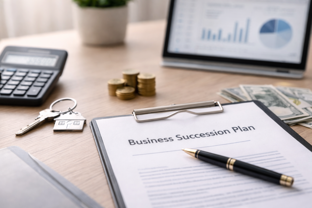 Business succession planning document with keys, calculator, and financial items on a desk