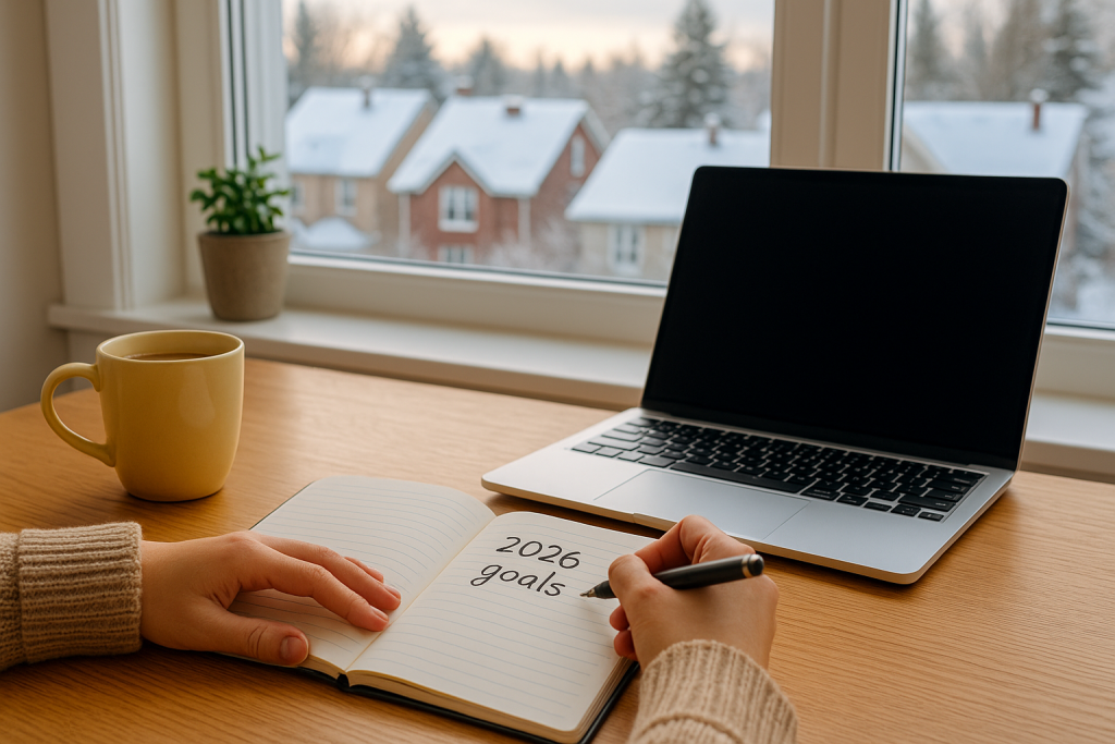 Canadian home office in winter with a person writing financial goals for 2026 in a notebook beside a laptop and coffee, snowy houses outside the window.