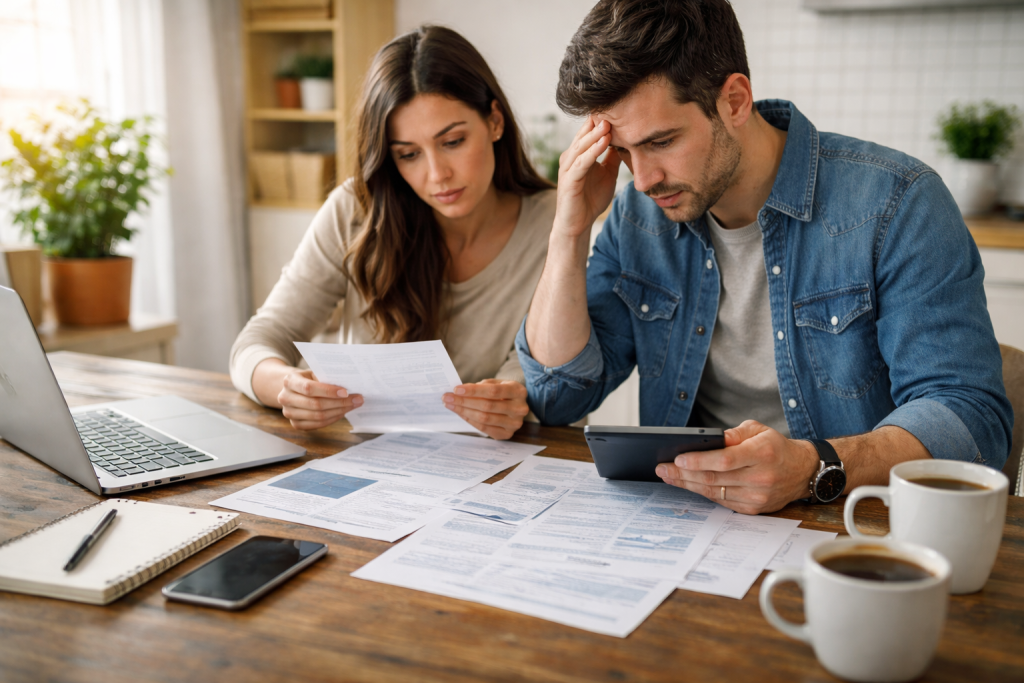 Canadian couple reviewing household finances at a kitchen table with papers, laptop, and calculator