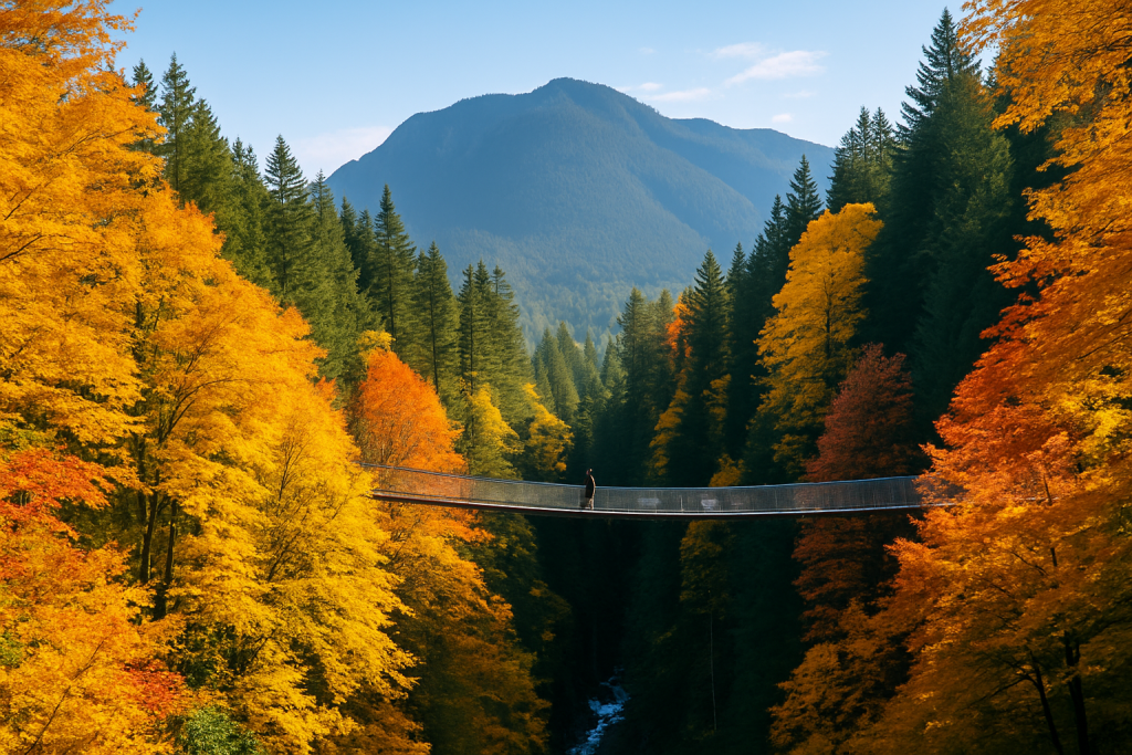 Fall foliage in North Vancouver with golden trees, mountain backdrop, and a pedestrian bridge crossing a canyon
