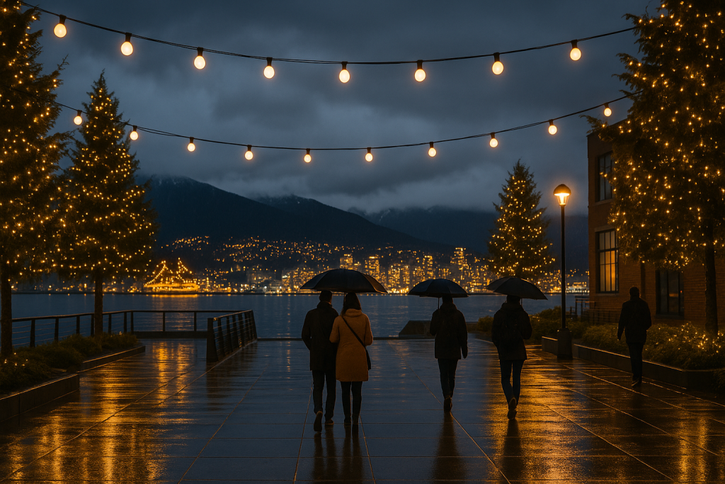 Festive winter evening on the North Vancouver waterfront with people walking under umbrellas, city lights and mountains glowing in the background.
