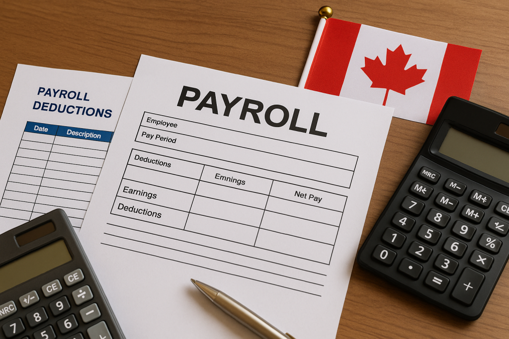 Payroll paperwork and calculator beside a Canadian flag.