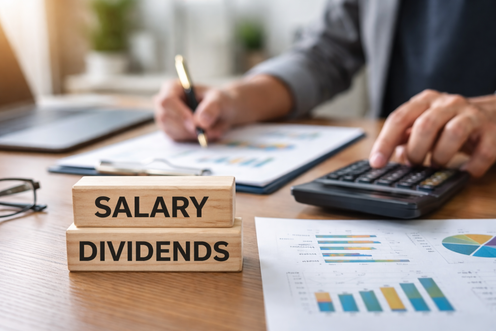 Wooden blocks labelled salary and dividends on a desk beside financial charts, calculator, and paperwork.