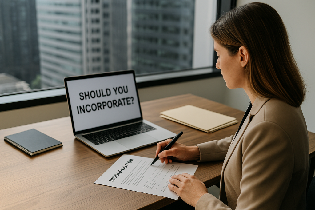 A woman in a modern office reviews incorporation documents beside a laptop displaying the question “Should you incorporate?”