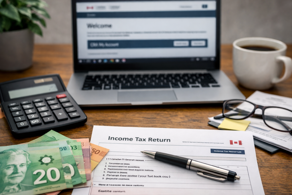 Canadian tax return form on desk with calculator, cash, and laptop showing CRA website in background