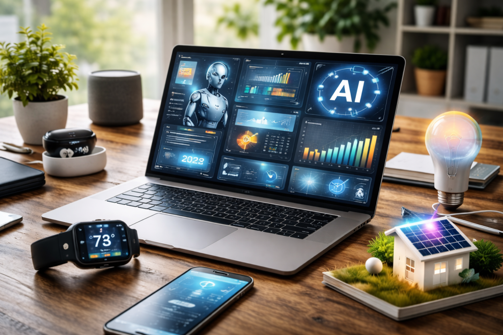 Modern workspace with laptop displaying AI dashboards, smart devices, and connected technology representing emerging tech trends in 2026