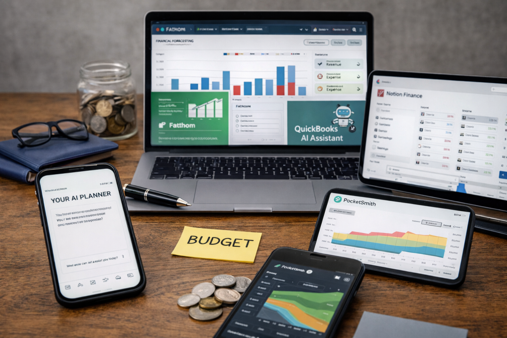 Smartphone, laptop, and tablet displaying budgeting and financial planning apps on desk with coins and notes