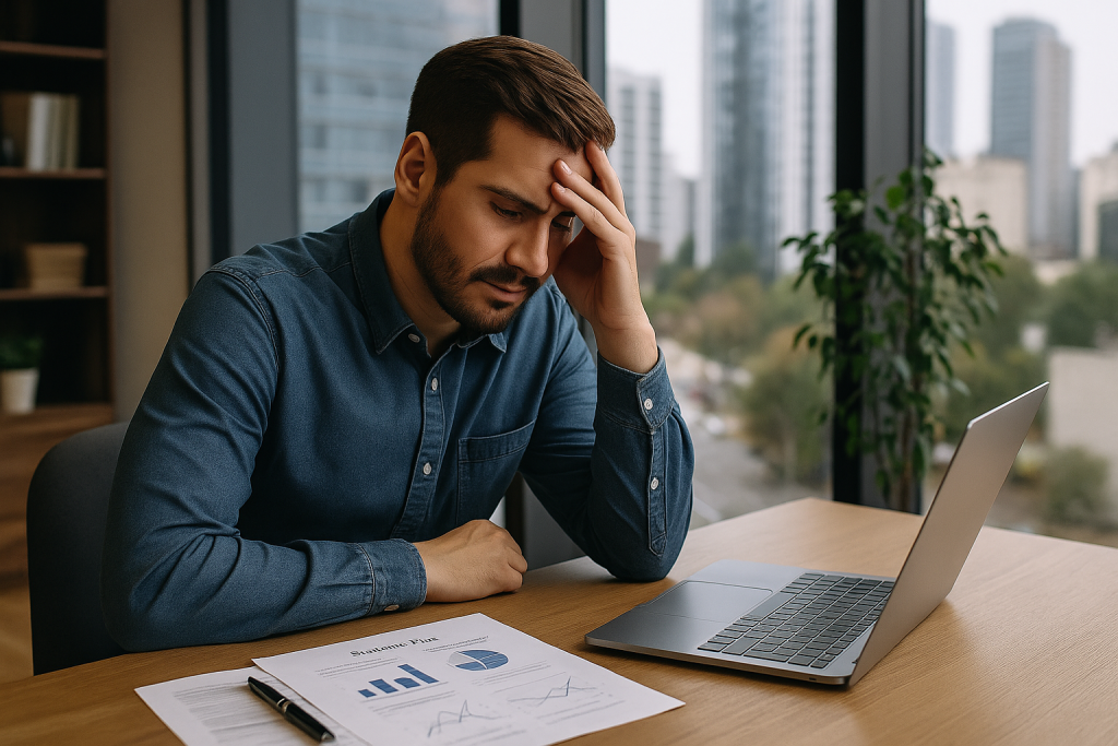 A young entrepreneur in a modern office looks stressed while reviewing business plans on a laptop with city views in the background.